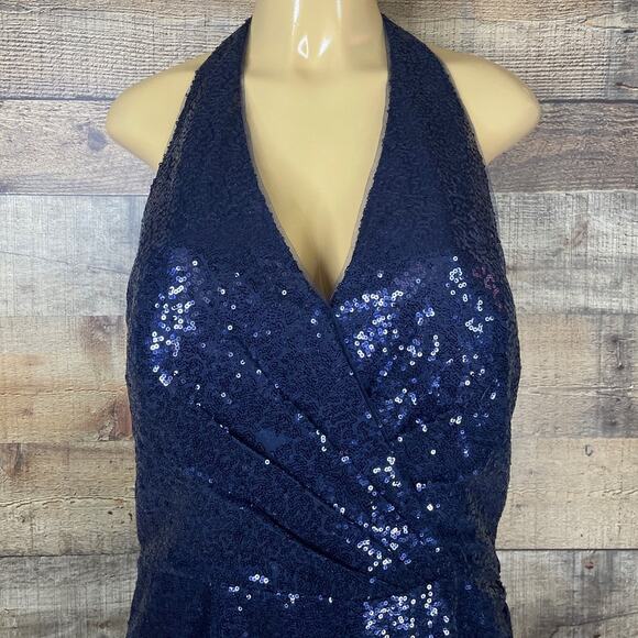 B2 Jasmine Long V-neck Halter Sequin Bridesmaid Dress Gown Midnight Blue Size 18 - Picture 2 of 11